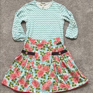 Matilda Jane Good Hart Aqua Chevron Top + Saltwater Taffy Floral Skirt Sz 10-12